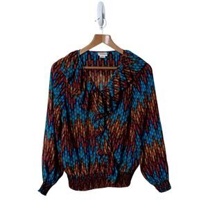 Ariat Ikat Print Ruffle Popover Blouse M Blue Red V Neck Summer Boho Festival